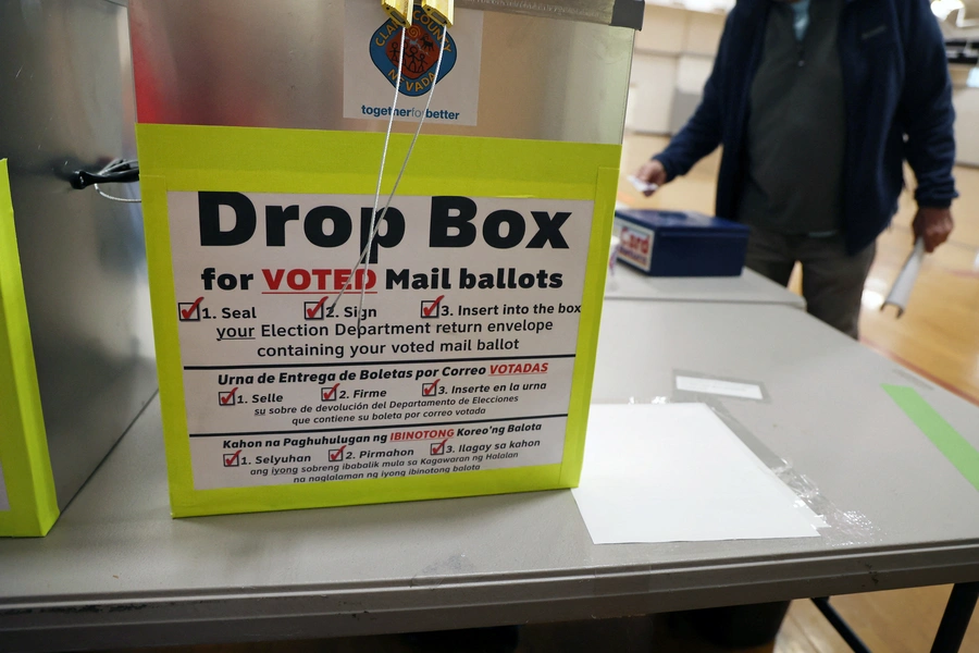 A mail-in ballot box is shown at the polls as Democrats and Republicans hold their presidential primary election in Boulder City, Nevada on February 6, 2024.